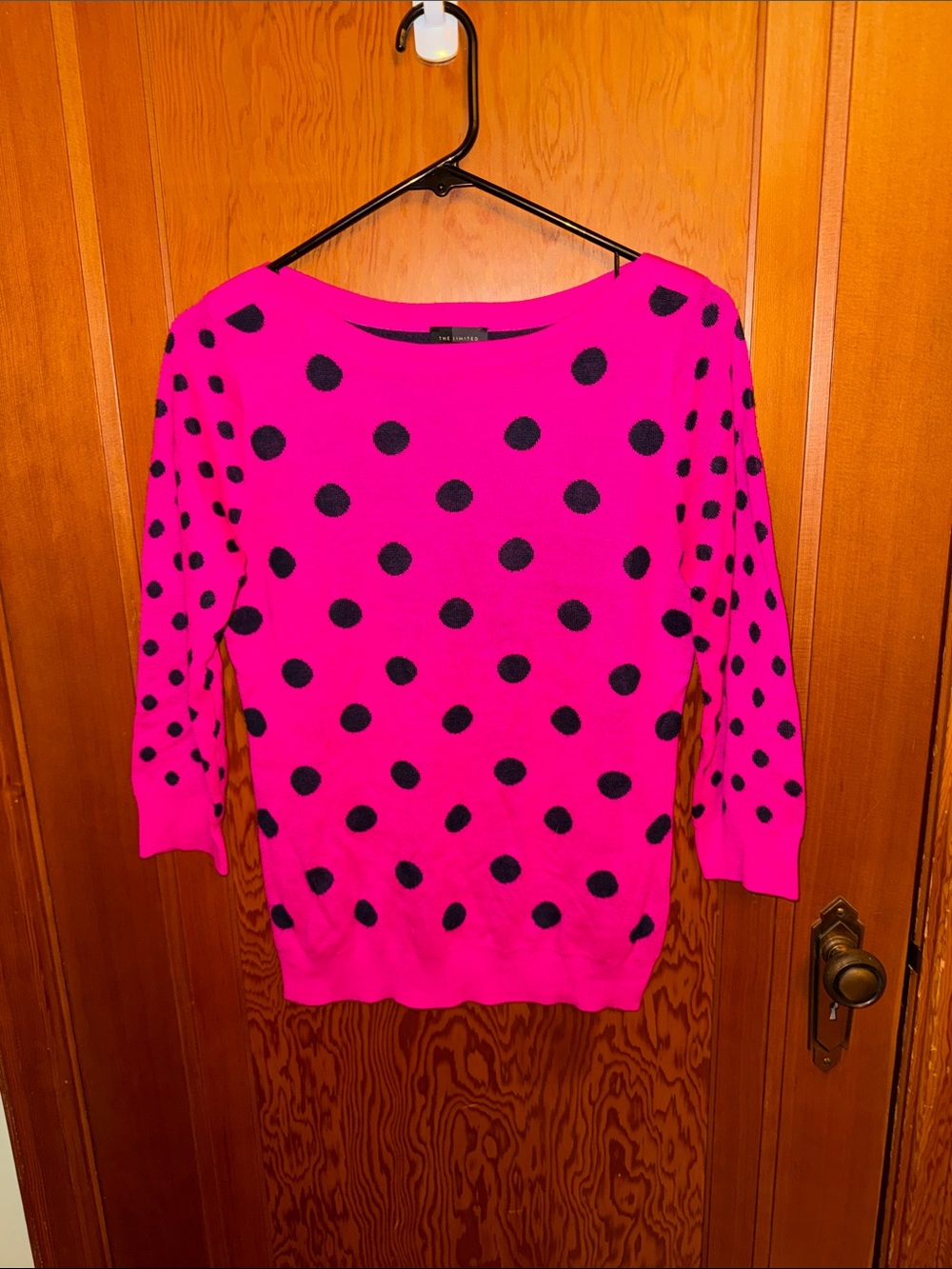 The Limited Hot Pink Crewneck Sweater with Black Polka Dots